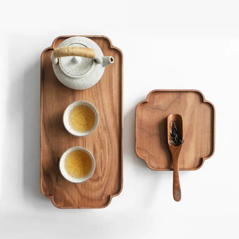 Black Walnut Rectangular Wood Tea Table Tray Set