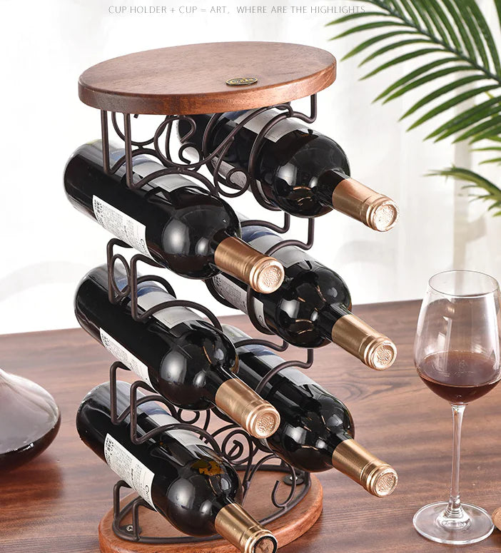 Wooden Wrought Iron Wine Rack for Dining Table Decor